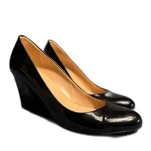 J. Crew Womens Black 6 Sylvia Patent Wedges Heels Round Toe Cushion Footbed